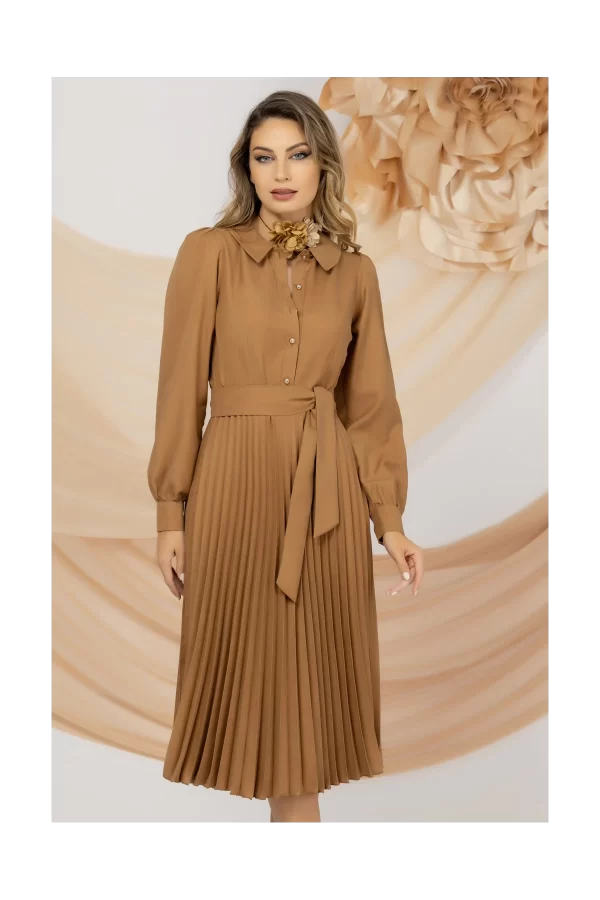 Rochie de zi camel Pretty Girl cu pliseuri