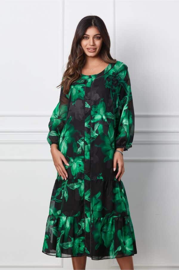 Rochie Diana neagra cu imprimeuri verzi