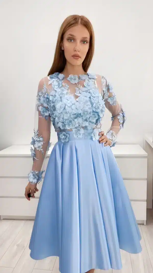 Rochie din tafta bleu cu broderie florala 3D