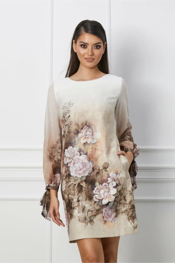 Rochie Dora ivory cu bej in degradee si imprimeu floral