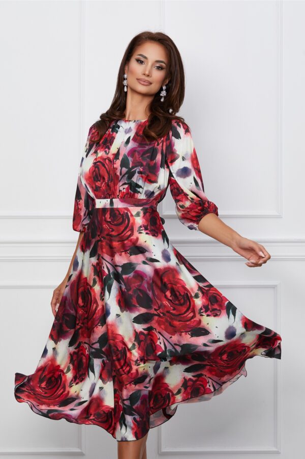 Rochie Dy Fashion alba din satin cu imprimeu rosu si pliuri la bust