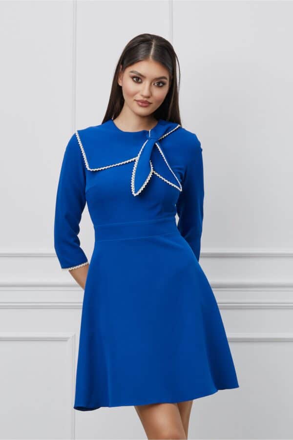 Rochie Dy Fashion albastra cu funda la guler