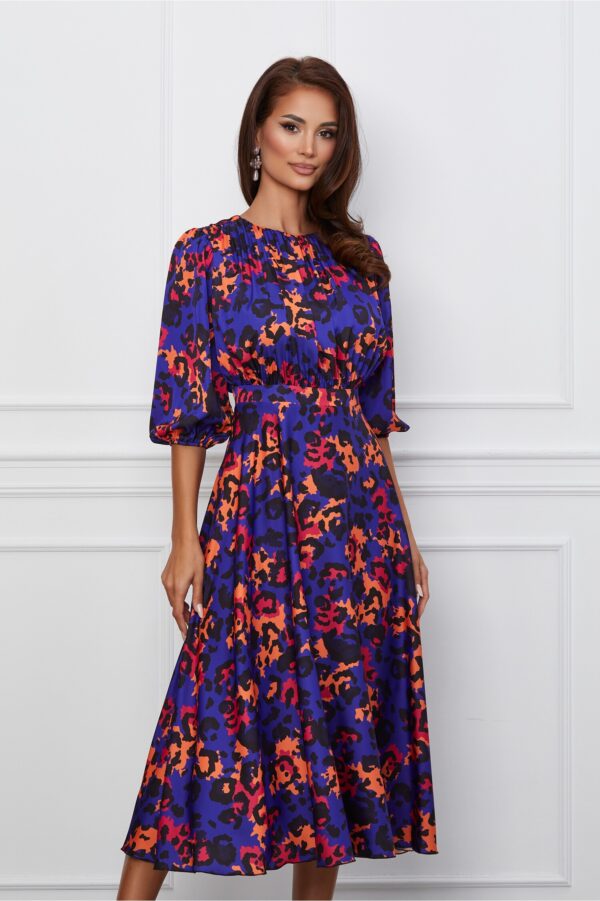Rochie Dy Fashion albastra din satin cu imprimeu orange si pliuri la bust