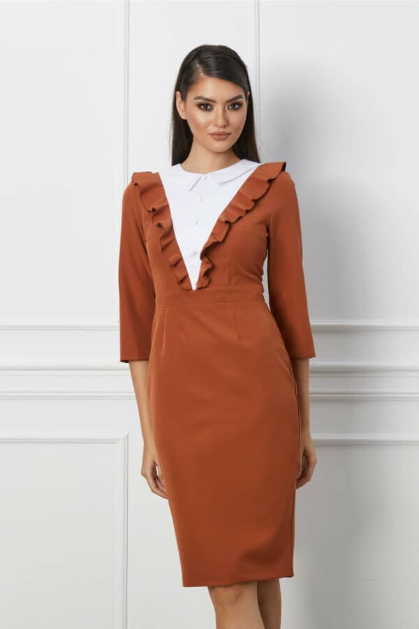 Rochie Dy Fashion camel cu volanas si nasturi la bust