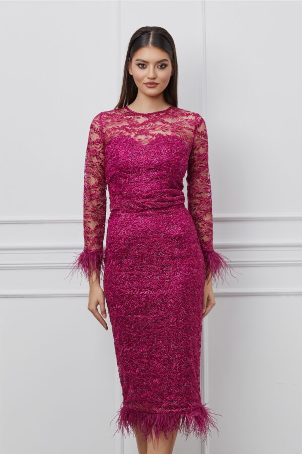 Rochie Dy Fashion magenta din dantela cu pene