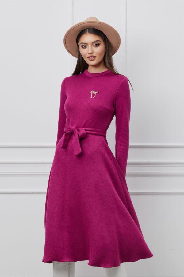 Rochie Dy Fashion magenta din tricot cu aplicatie detasabila la bust