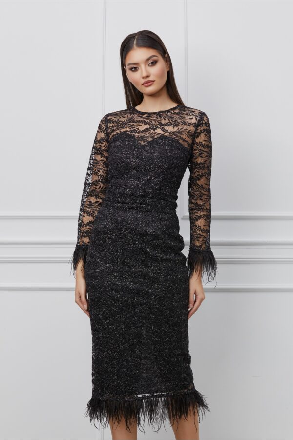 Rochie Dy Fashion neagra din dantela cu pene
