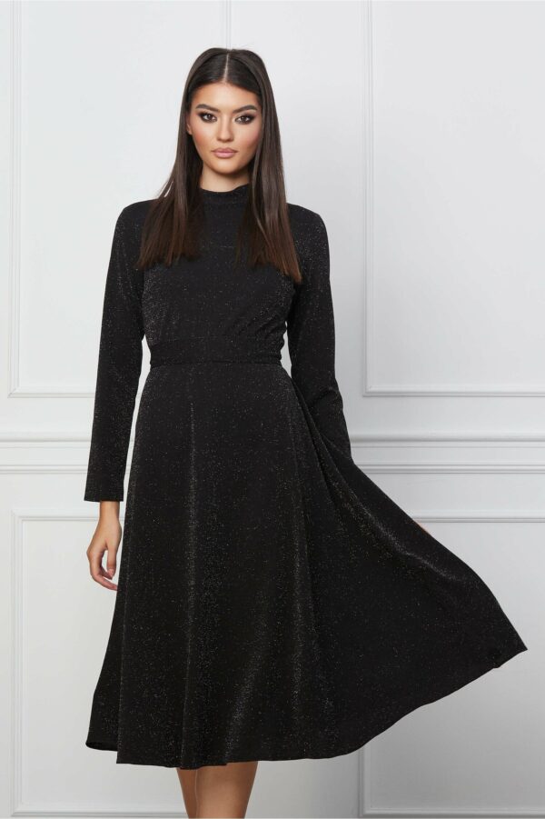 Rochie Dy Fashion neagra din lurex cu cordon in talie