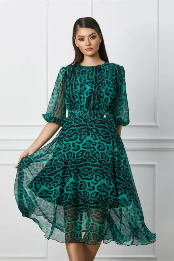 Rochie Dy Fashion turcoaz din voal cu animal print