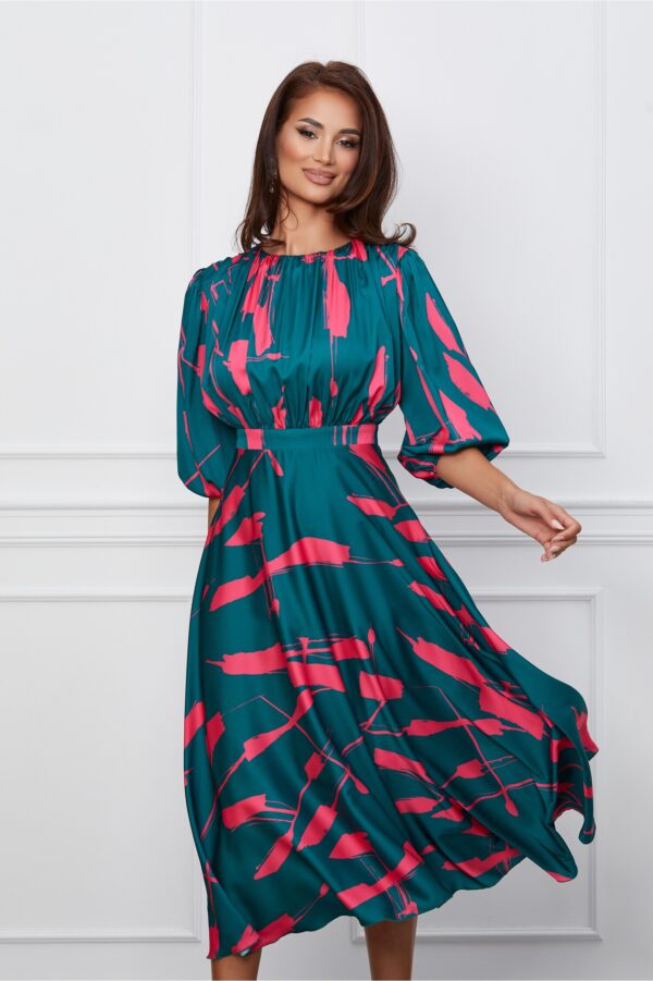 Rochie Dy Fashion verde din satin cu imprimeu fucsia si pliuri la bust