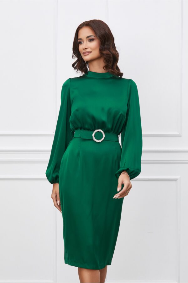 Rochie Dy Fashion verde din satin cu o curea in talie