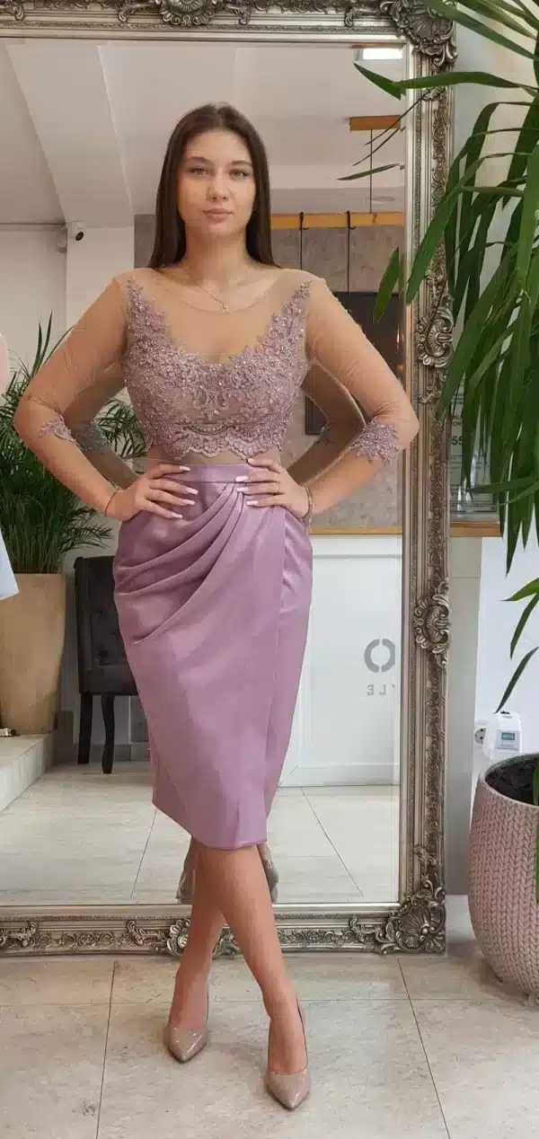 Rochie eleganta din tafta lila cu broderie pretioasa si maneca trei sferturi