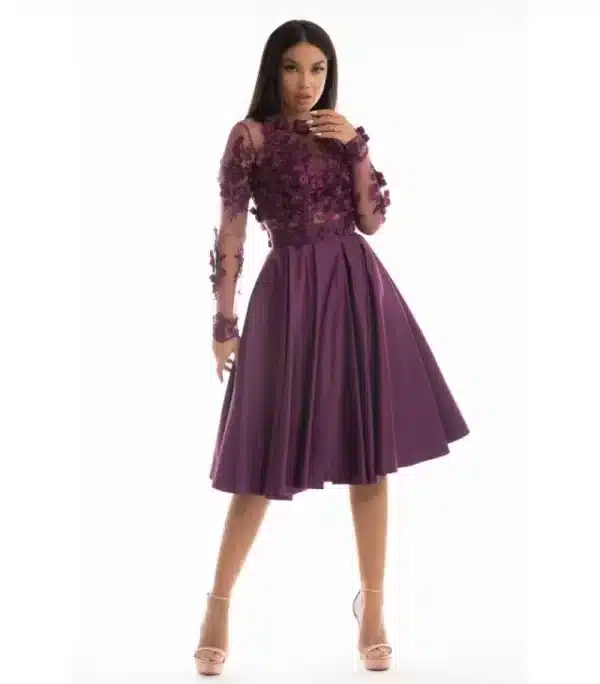 Rochie eleganta midi din tafta cu broderie din flori 3D in partea superioara