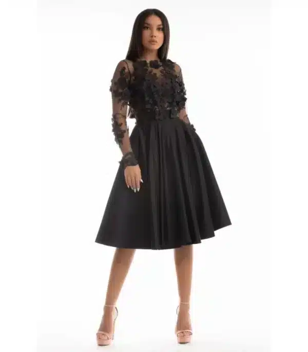 Rochie eleganta neagra din tafta cu broderie florala 3D in partea superioara