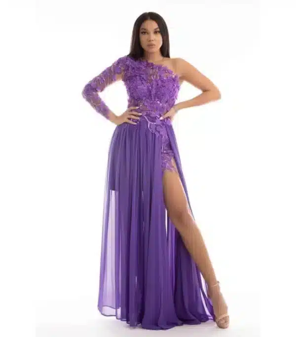 Rochie eleganta lunga din voal violet cu broderie florala 3D aplicata manual