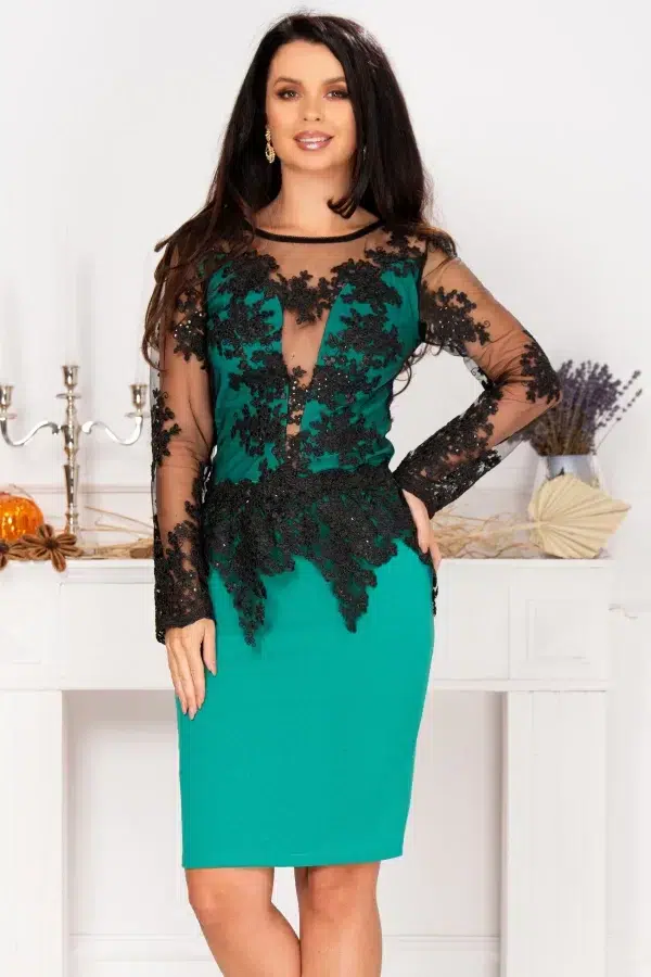 Rochie eleganta Elisson verde cu peplum detasabil brodat