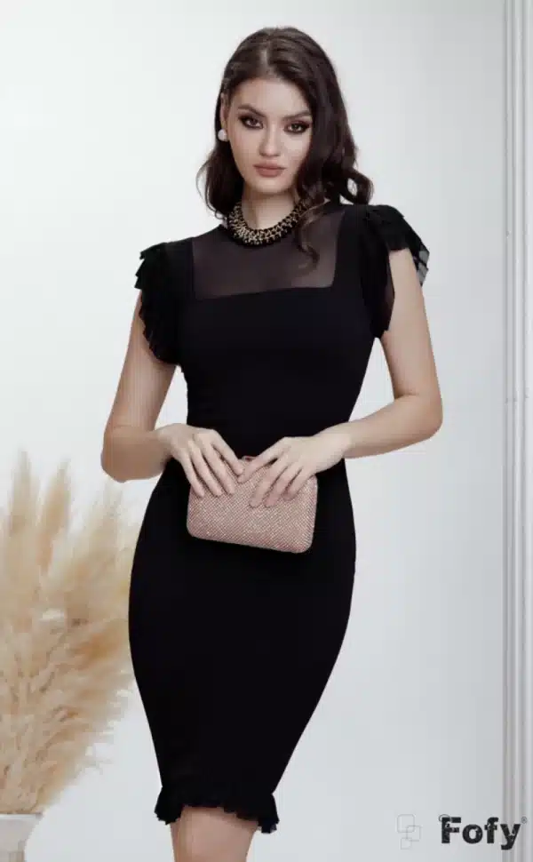 Rochie eleganta neagra conica cu volanase si colier inclus