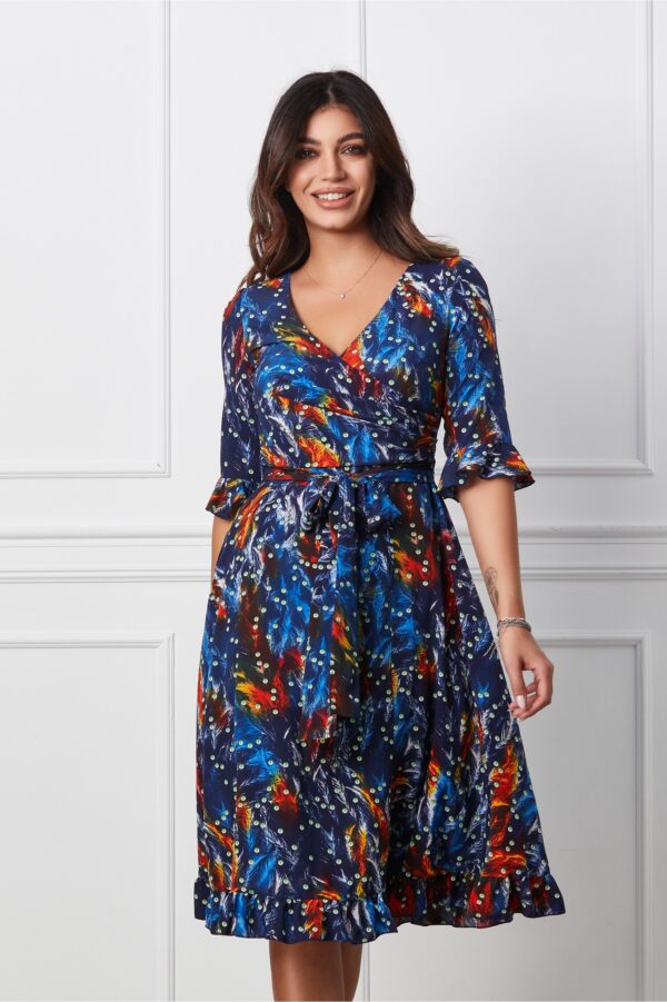 Rochie Ella Collection Adena albastra cu imprimeuri orange si cordon in talie