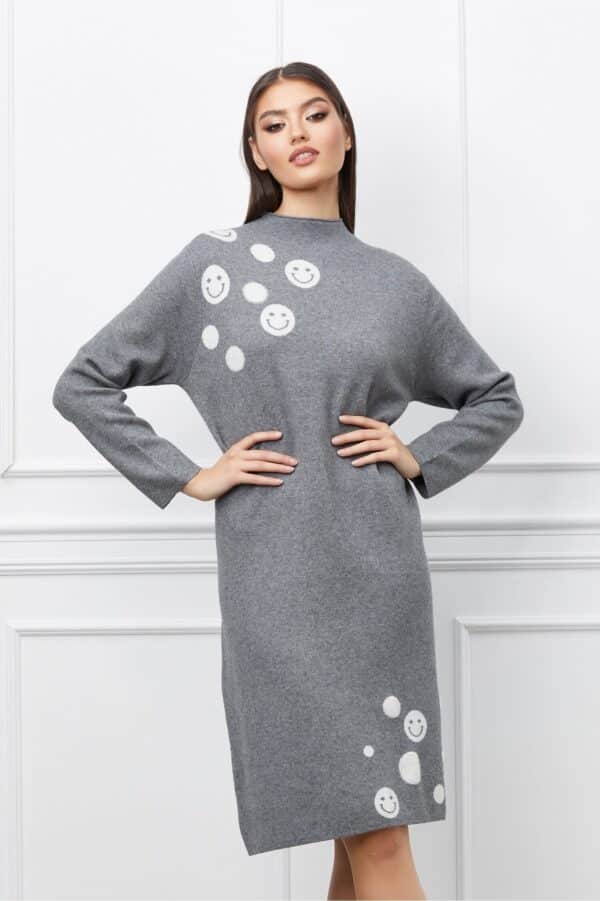 Rochie Felicia gri din tricot cu imprimeu