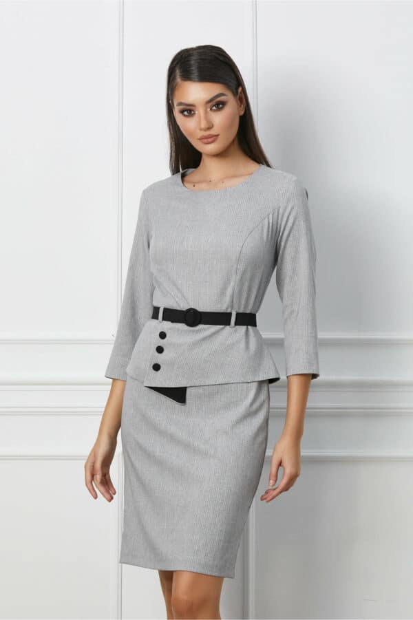Rochie Gianina gri cu peplum si curea in talie