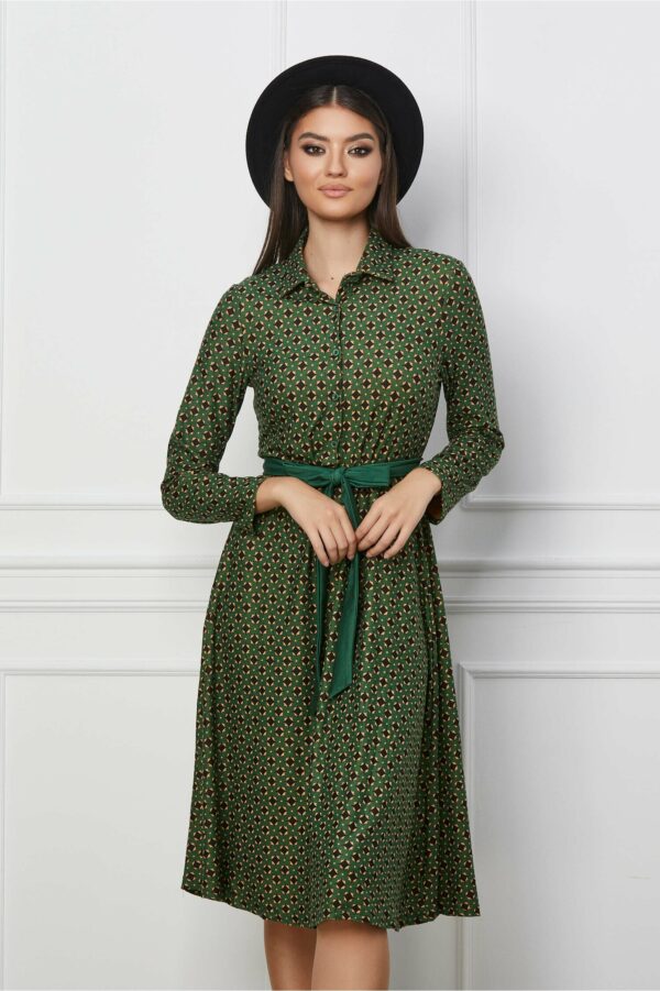 Rochie Gina verde cu imprimeuri si cordon in talie