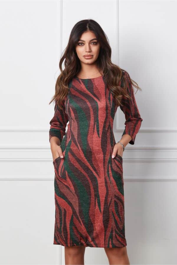 Rochie Irina bordo cu imprimeuri verzi si buzunare