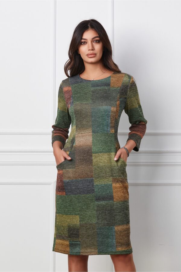 Rochie Irina kaki cu imprimeuri verzi si buzunare