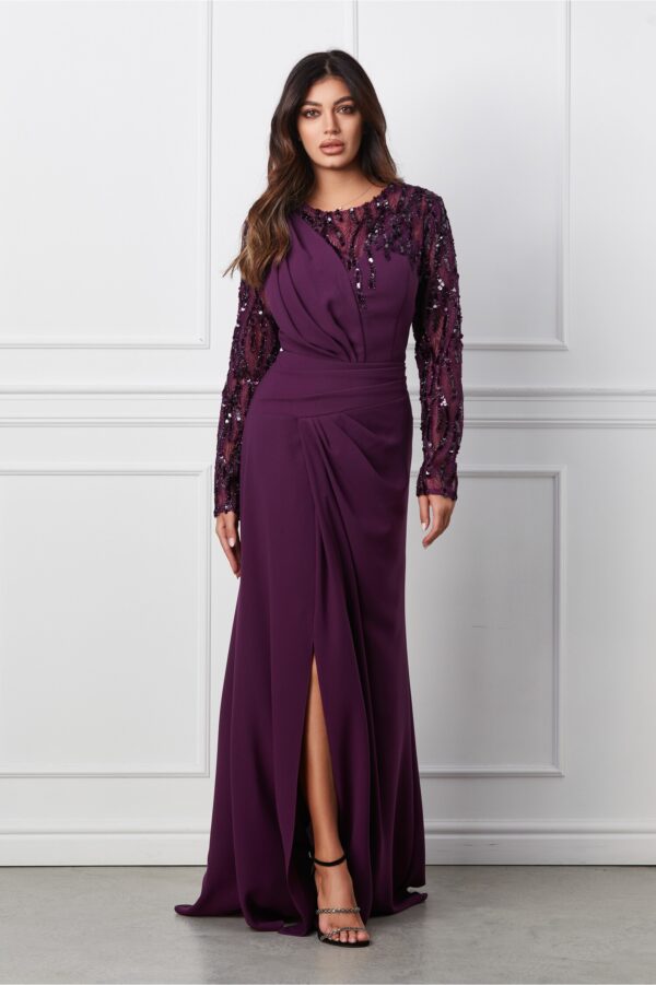 Rochie Irma lunga mov cu paiete pe bust