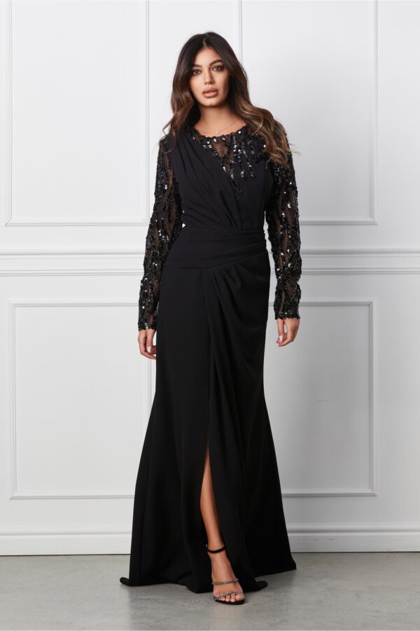 Rochie Irma lunga neagra cu paiete pe bust