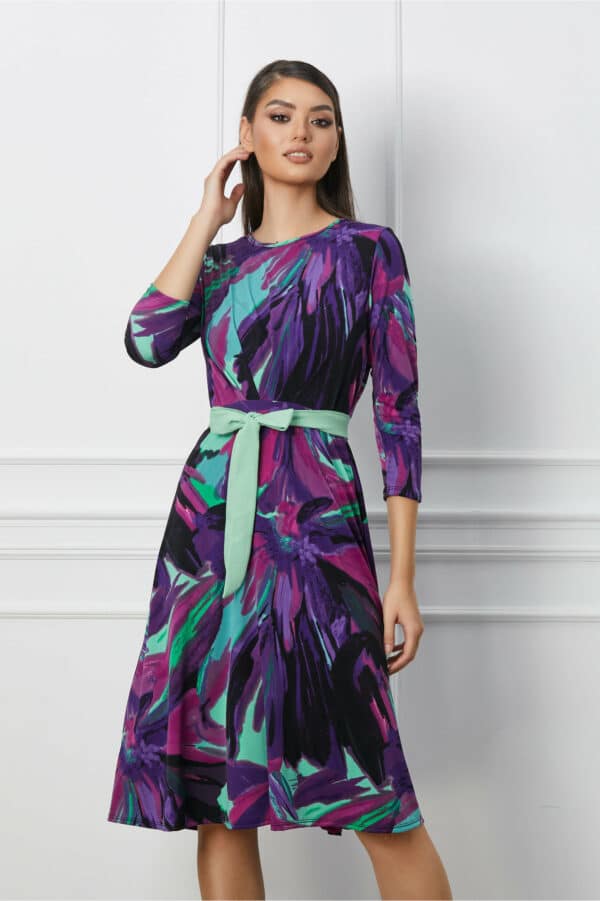 Rochie Karina mov cu imprimeuri verde mint si cordon in talie