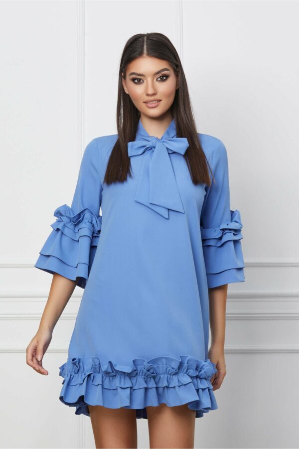 Rochie Kris bleu cu volane la baza si la maneci