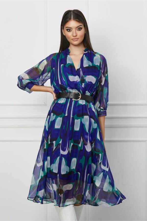 Rochie Larisa albastra cu imprimeuri verzi si curea in talie