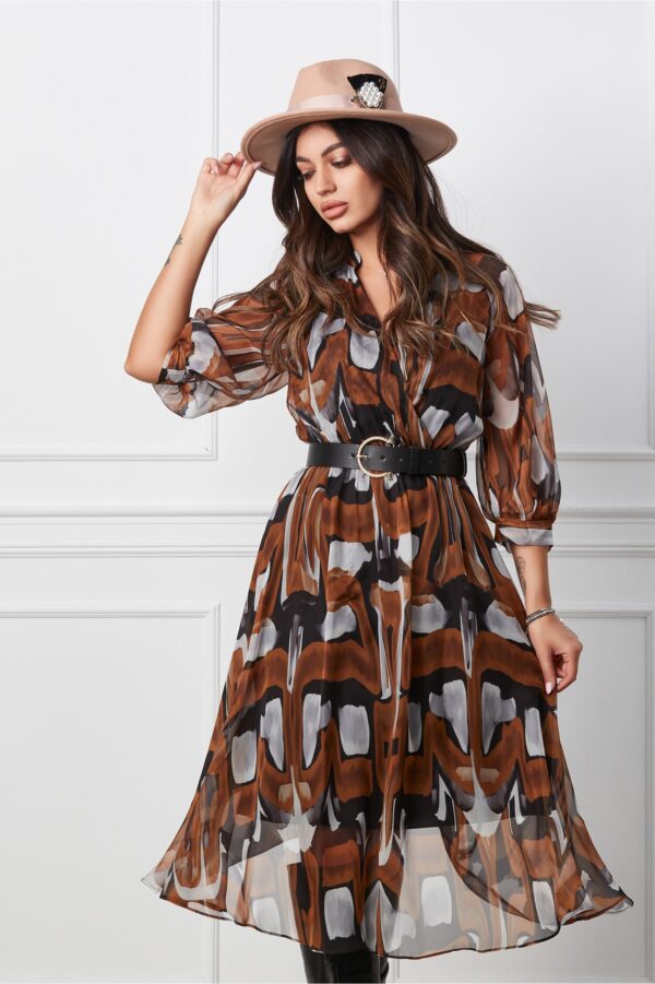 Rochie Larisa maro cu imprimeuri albe si curea in talie