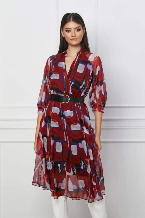 Rochie Larisa rosie cu imprimeuri mov si curea in talie