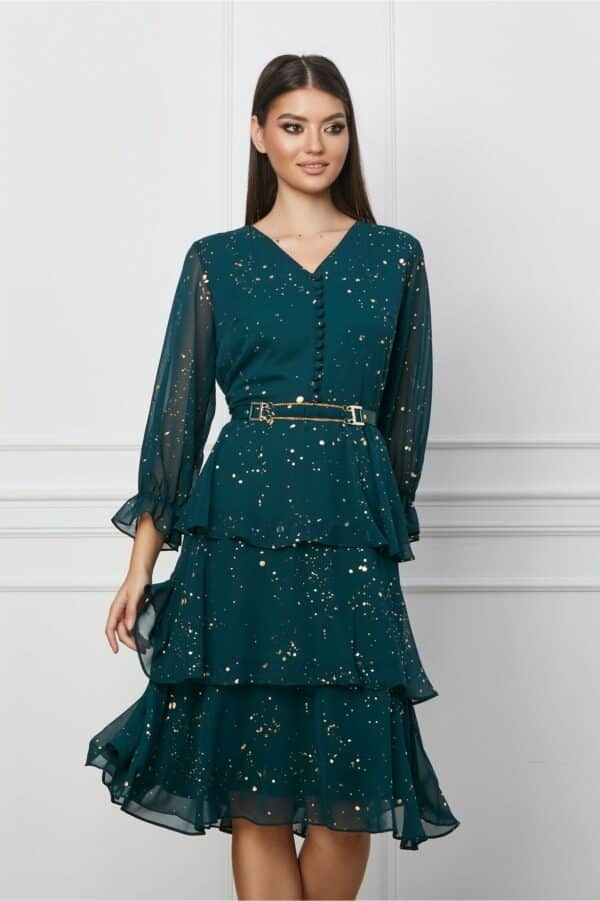 Rochie Lora verde cu picatele aurii si curea in talie