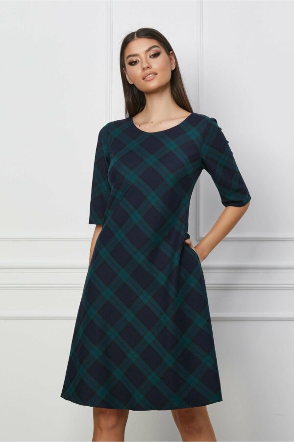 Rochie Madalina bleumarin cu carouri verzi