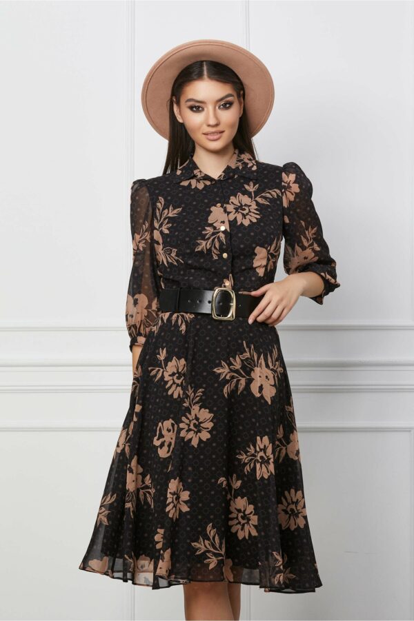 Rochie Magda neagra cu flori bej si curea in talie