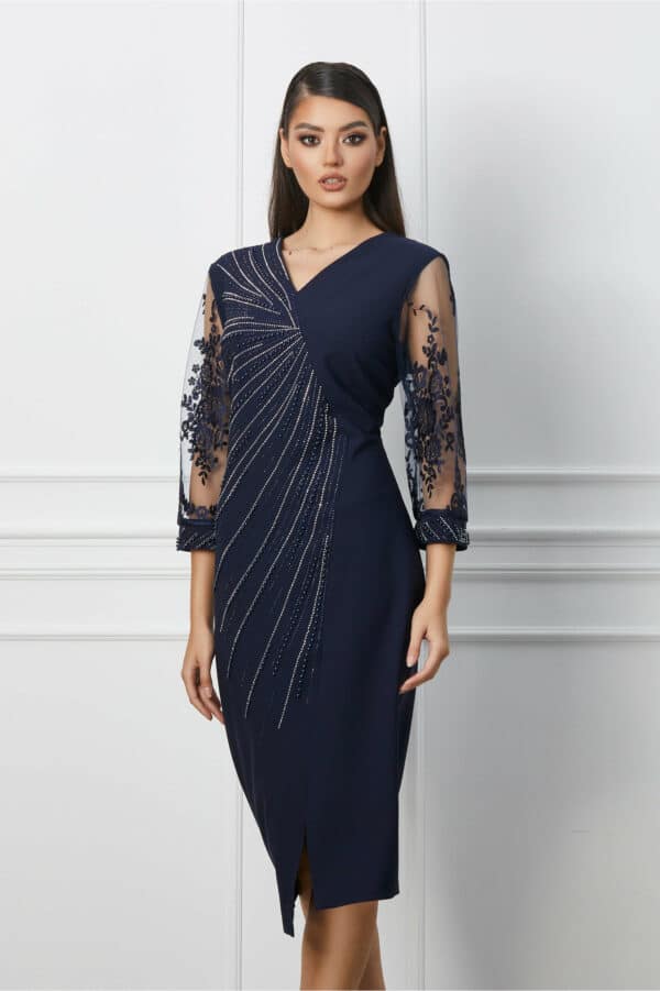 Rochie Mara bleumarin cu strasuri si maneci din dantela