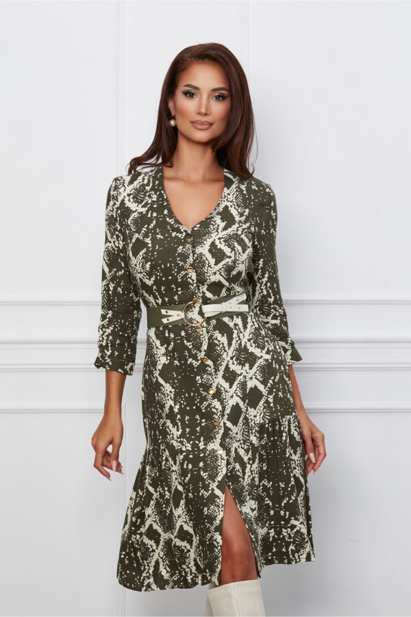 Rochie Mara kaki cu imprimeuri bej si curea in talie