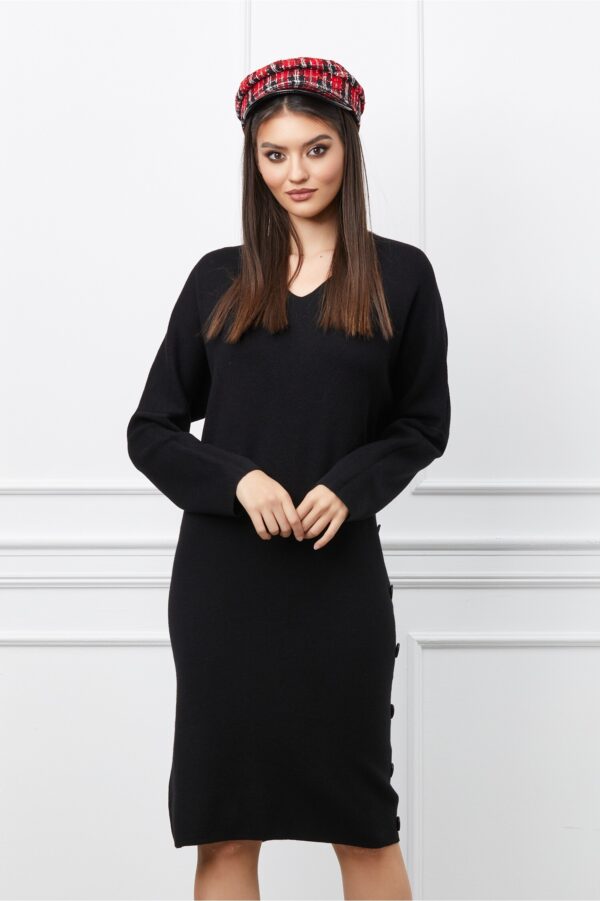 Rochie Mara neagra din tricot cu nasturi pe lateral