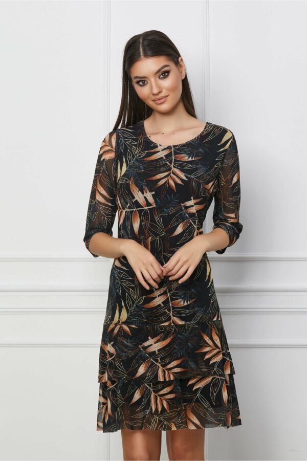 Rochie Marisa vaporoasa neagra cu imprimeu caramiziu