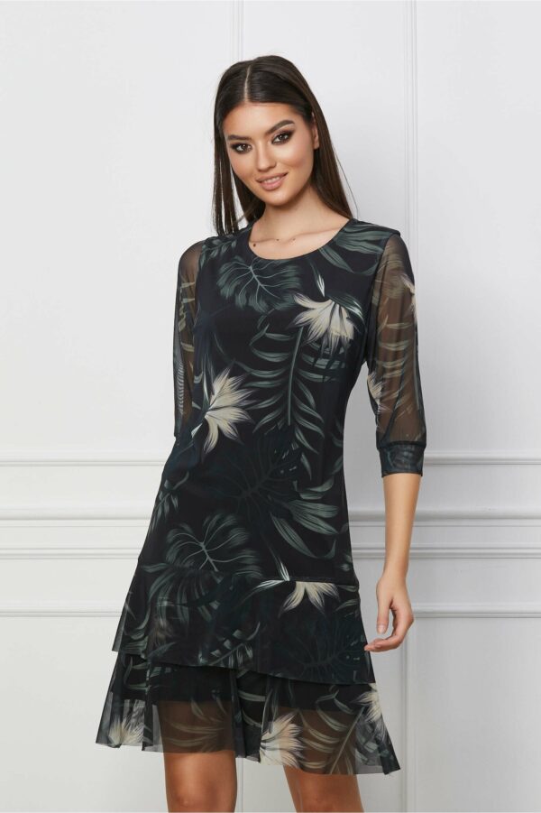 Rochie Marisa vaporoasa neagra cu imprimeu kaki