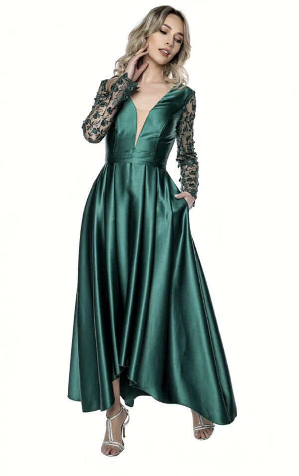 Rochie eleganta din tafta verde cu broderie 3D la brate
