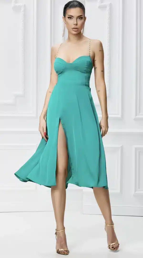 Rochie midi eleganta verde cu spatele gol si slit pe picior