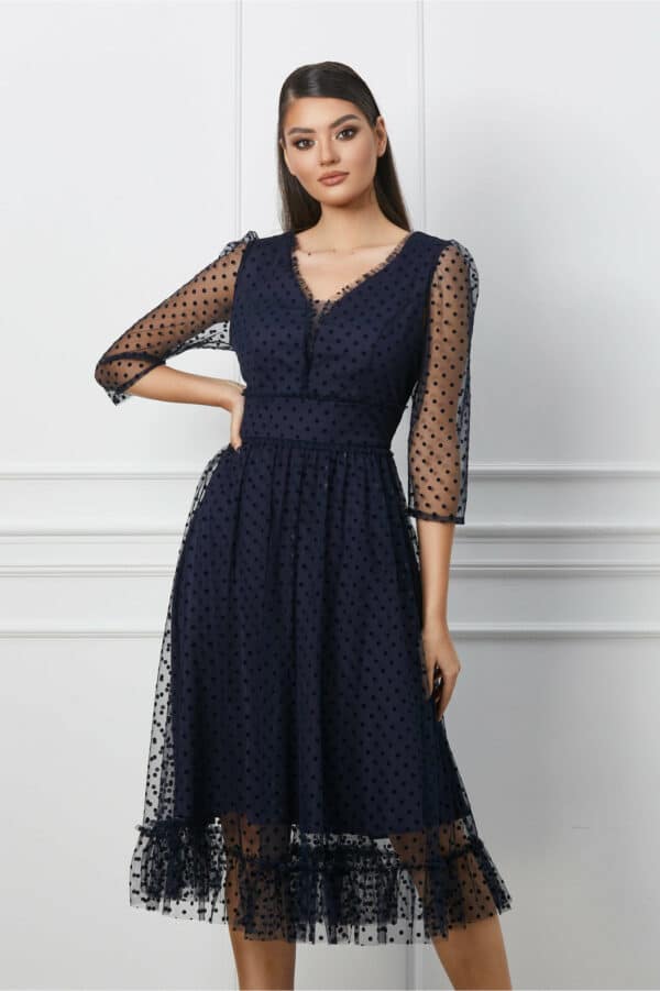 Rochie Minerva bleumarin cu buline catifelate