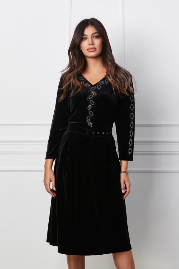 Rochie Mirela neagra din catifea cu strasuri si curea in talie