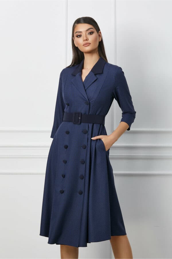 Rochie Miruna tip sacou albastra cu carouri negre si curea in talie