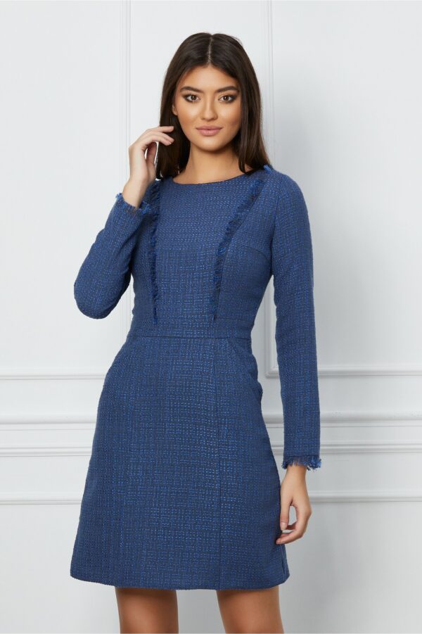 Rochie Moze albastra cu ciucuri pe bust si buzunare