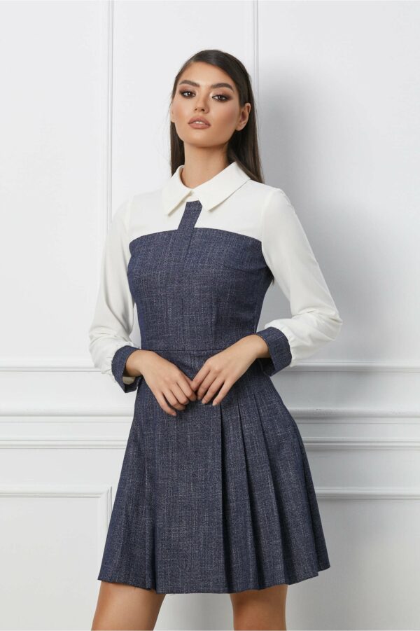 Rochie Moze bleumarin cu guler si maneci albe