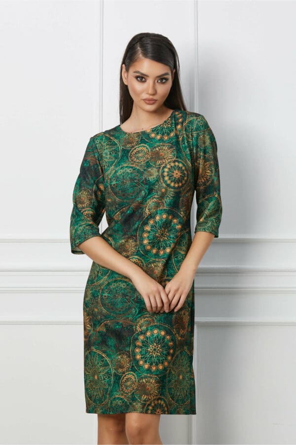 Rochie Natalia verde cu imprimeu caramiziu